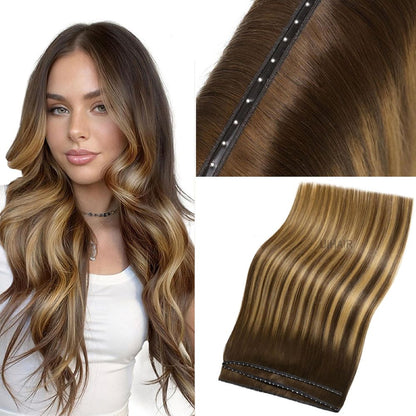 Seamless Butterfly Weft ultra-thin human hair extensions close-up.