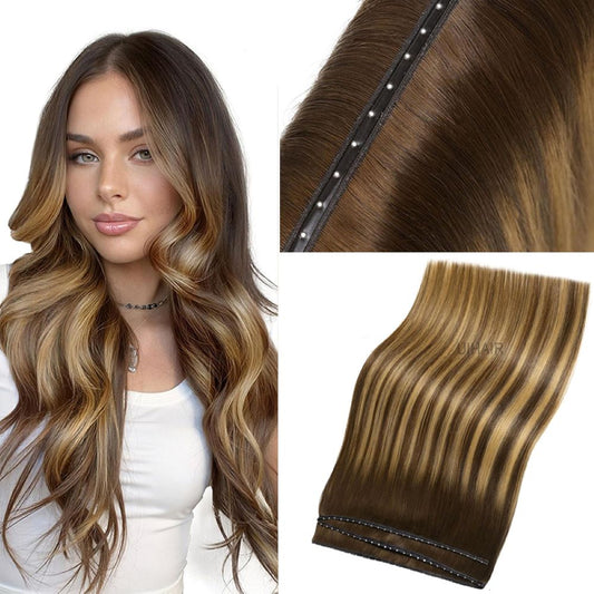 Seamless Butterfly Weft ultra-thin human hair extensions close-up.