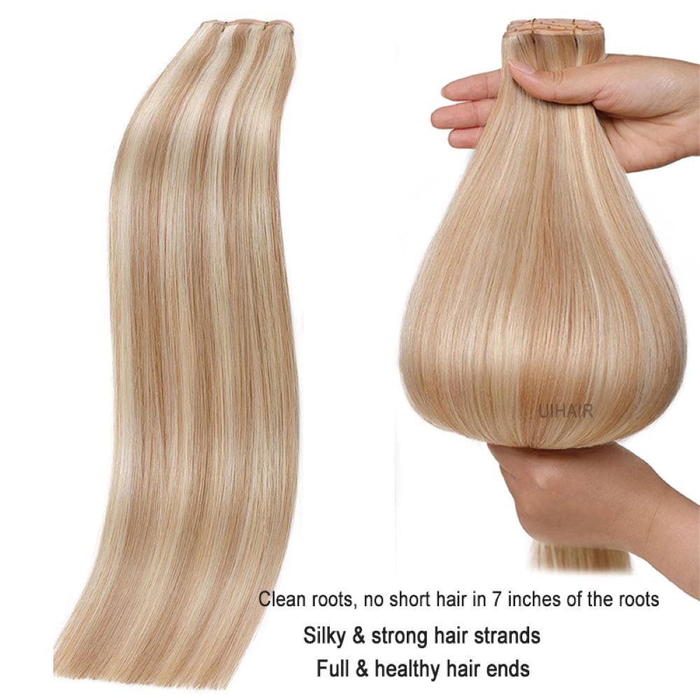 Model wearing Piano color Remy human hair extensions for volume.