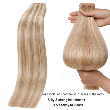 Model wearing Piano color Remy human hair extensions for volume.