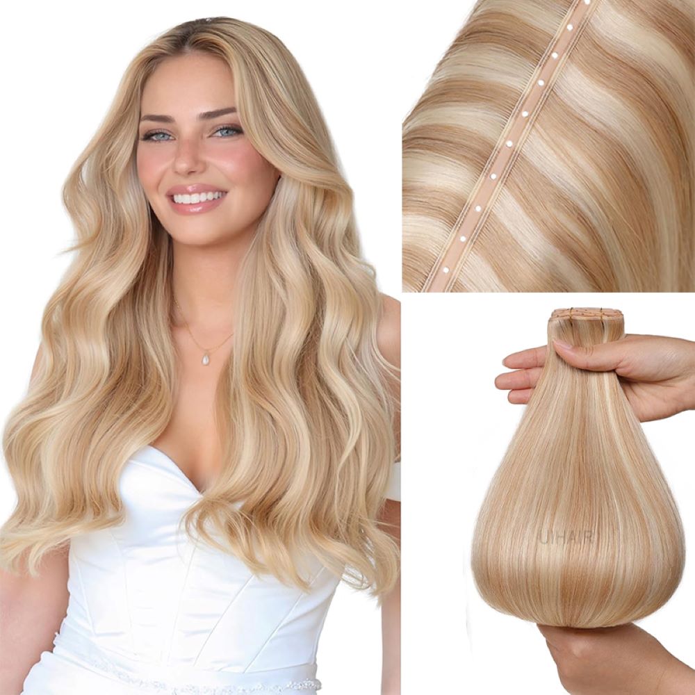 Seamless Butterfly Weft hair extensions in blonde piano color.