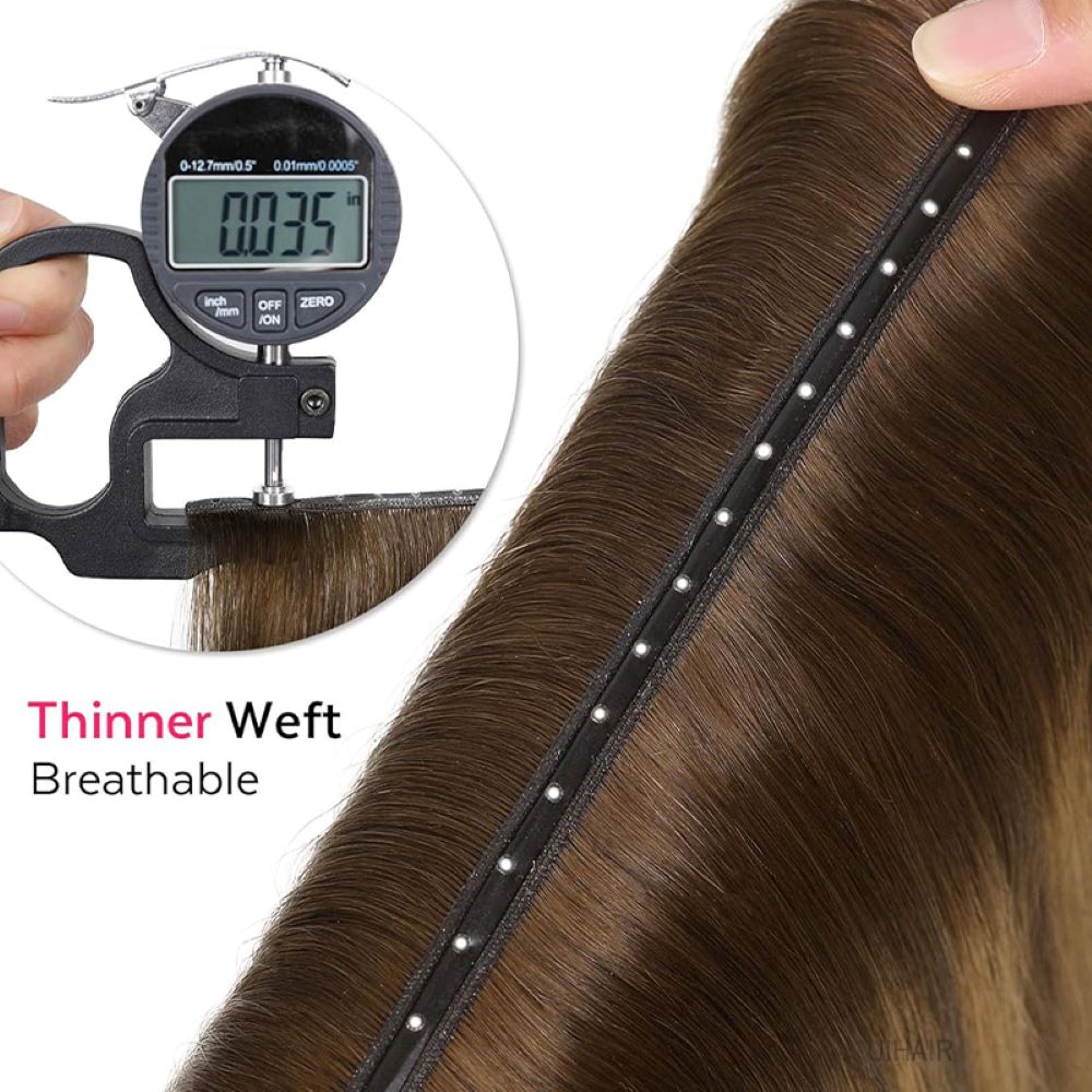 Invisible hair extension base 0.035mm thickness demonstration.
