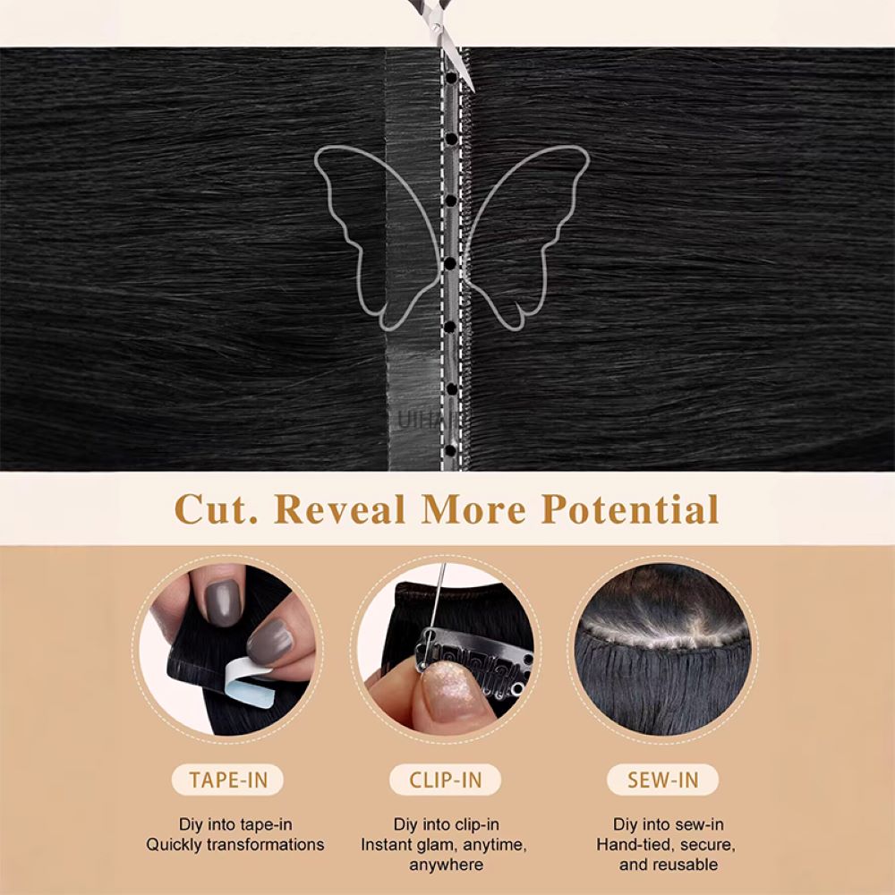 Close up of dual-sided butterfly weft hair track showcasing integrated micro holes and seamless genius PU design