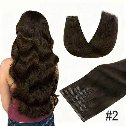 Model showing how to apply clips to natural brown hair
