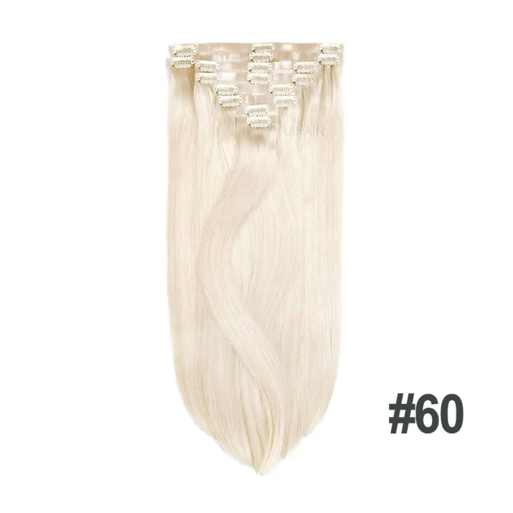 7-piece set layout of #18 Ash Blonde human hair extensions