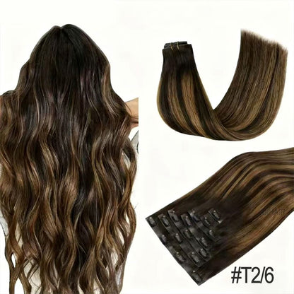 Hand holding the 7-piece set to show hair density and luster.