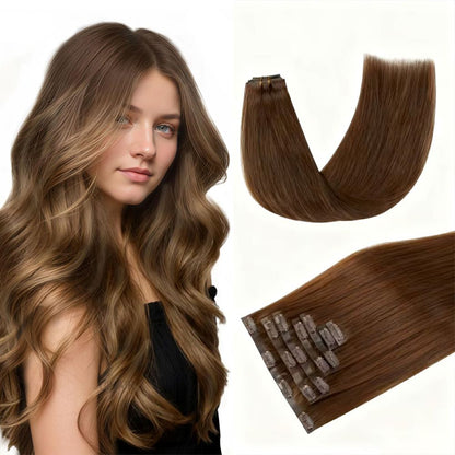 Seamless PU clip-in human hair extensions brown color uihair