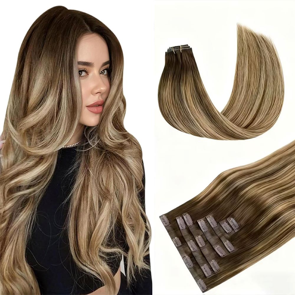 T-Mixed Brown to Blonde Balayage hair extensions laid out on white background.