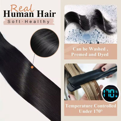 Model demonstrating how flat the PU weft sits against the scalp