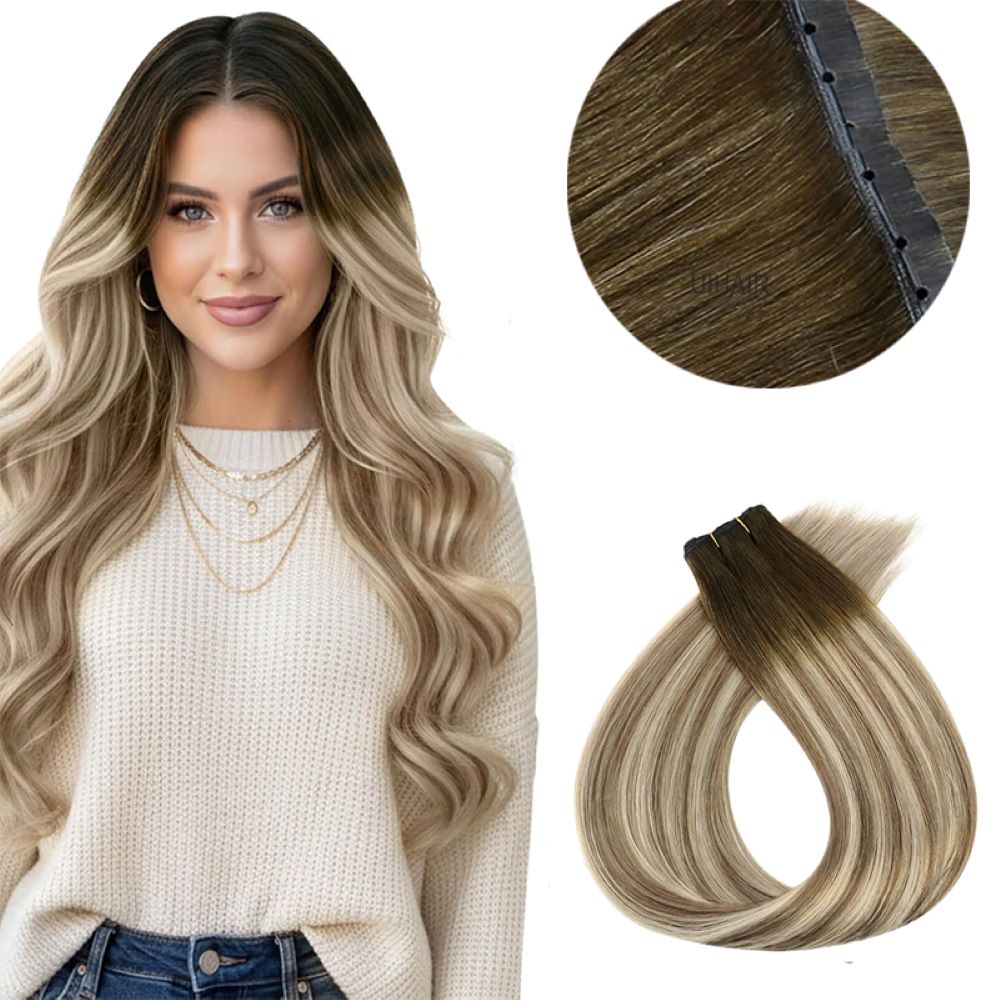 Beautiful caucasian woman with long melted t1b 613 rooted ombre hair waves using invisible butterfly wefts
