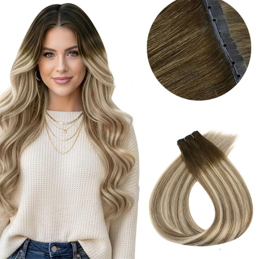 Beautiful caucasian woman with long melted t1b 613 rooted ombre hair waves using invisible butterfly wefts