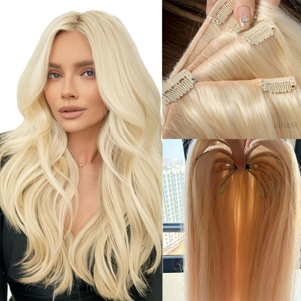 Light-Blonde-Seamless-Octopus-Clip-in-Extensions-Front-View