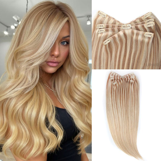 Mixed-color-seamless-octopus-clip-in-hair-extensions-overview