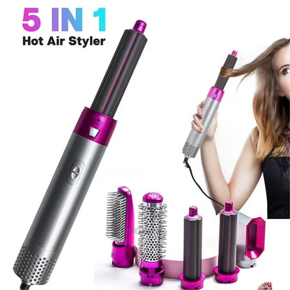 Five-in-one hot air comb with flat brush attachment for straightening