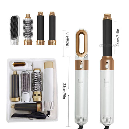 Woman using the hot air comb on semi-damp hair at home