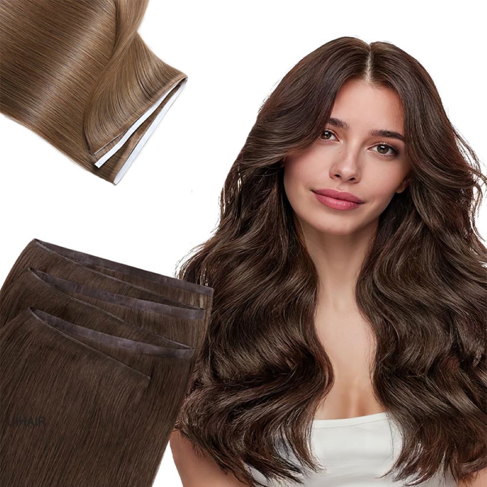 multi tonal rich brunette genius tape weft hair extension showing rich chocolate and chestnut brown tones.