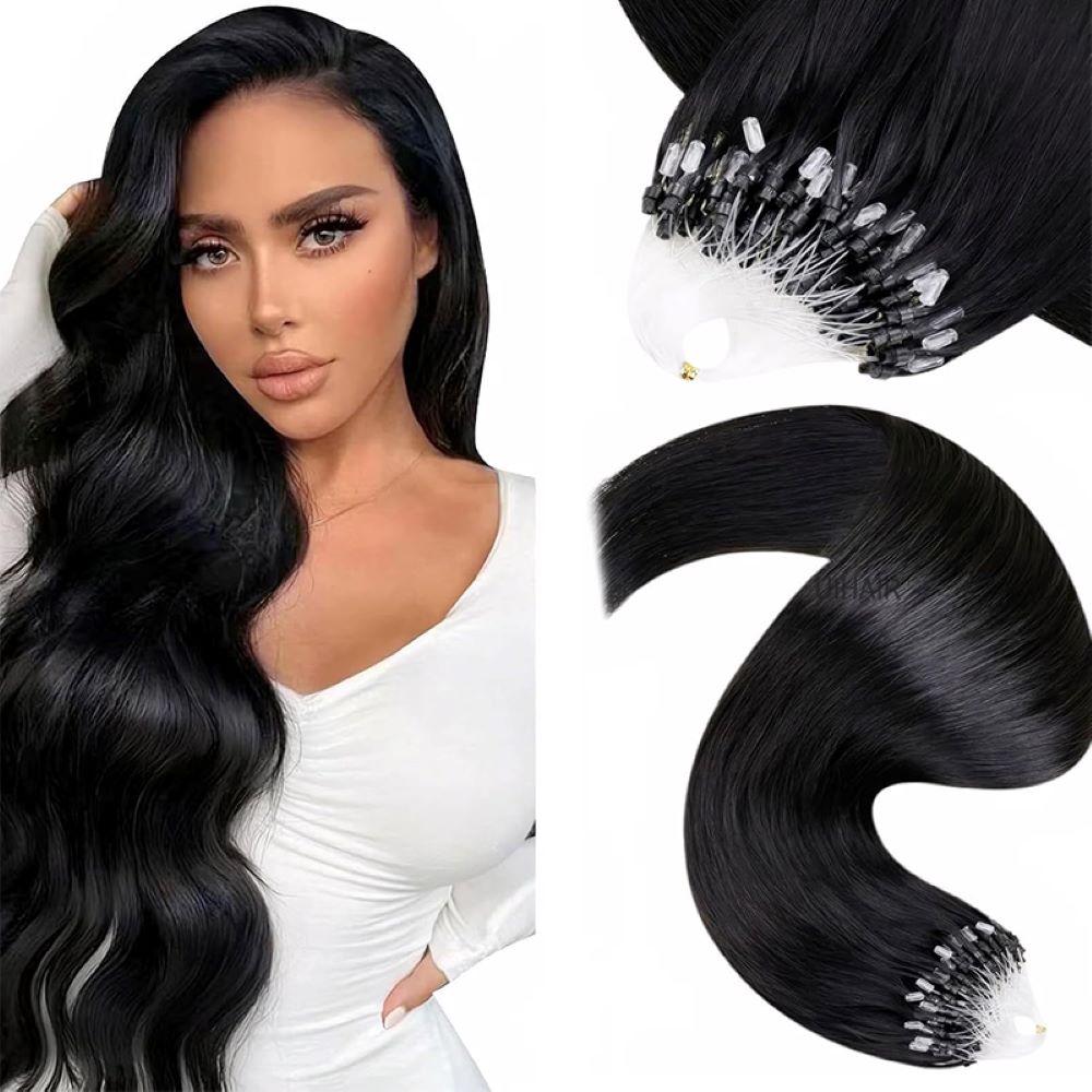Silicone-lined micro beads on jet black human hair extensions detail