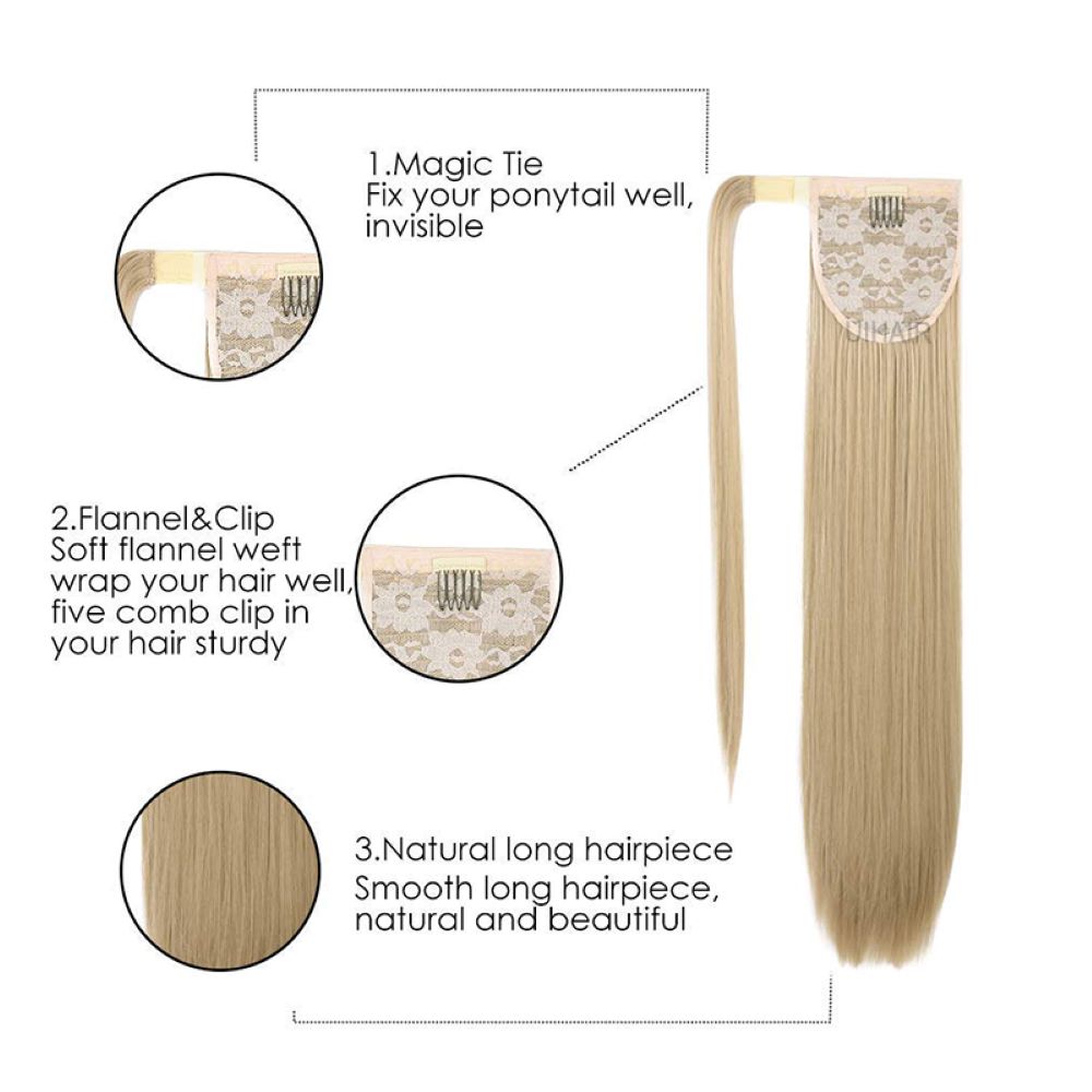 Flat lay representation of an ash blonde mixed highlight ponytail extension showing a breathable net structure and magic tie tail
