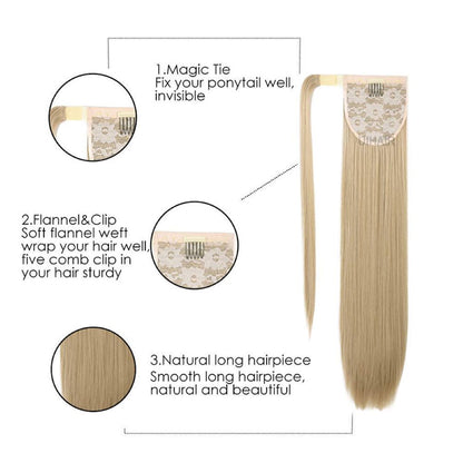 Flat lay representation of an ash blonde mixed highlight ponytail extension showing a breathable net structure and magic tie tail