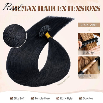 Detailed view of small, discreet Italian keratin bonds for fine hair
