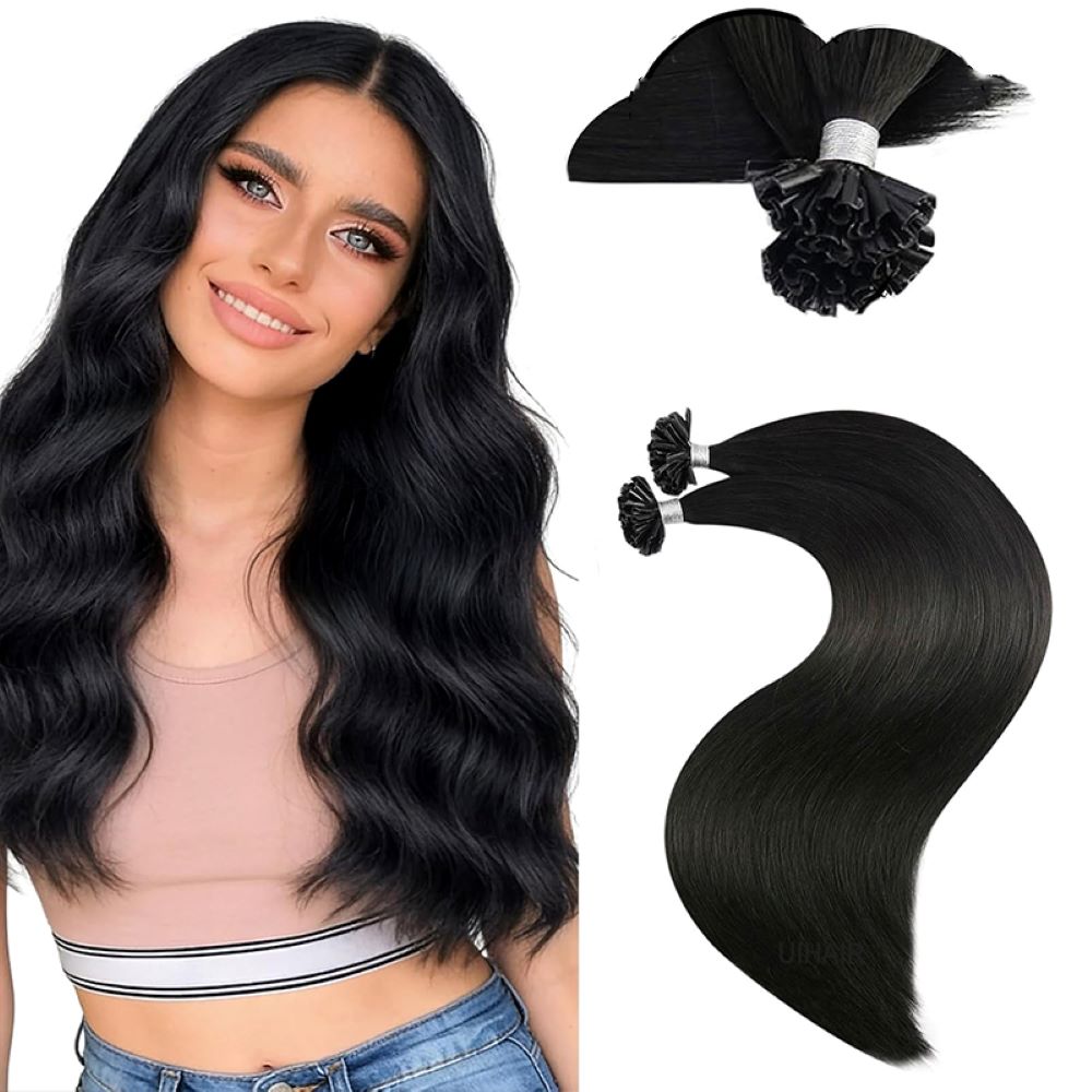 Close-up of Jet Black Virgin Human Hair U-Tip Extensions texture