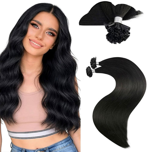 Close-up of Jet Black Virgin Human Hair U-Tip Extensions texture