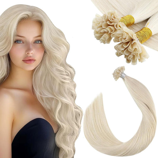 Transparent Italian Keratin bonds for light blonde U-Tip extensions