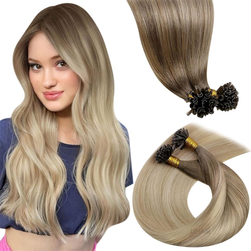 Seamless Ombre Roots U-Tip extensions with dark base close-up