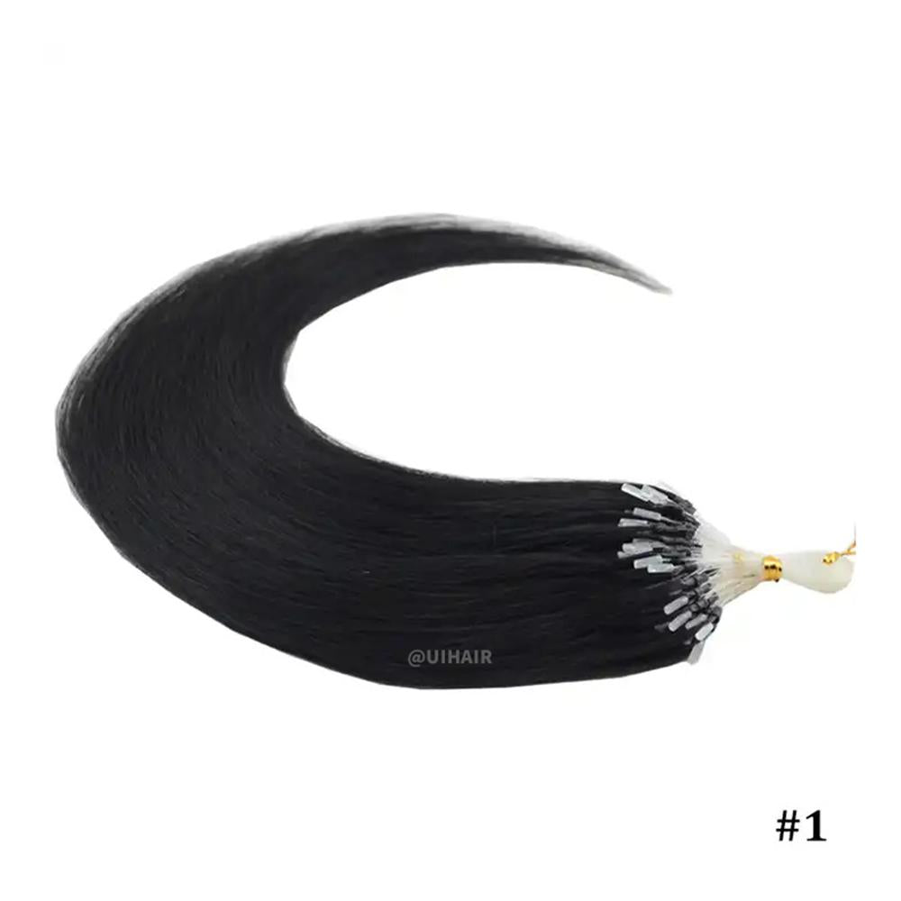 UIHAIR Sleek Raven Black Micro Loop Hair Extensions bundle close-up