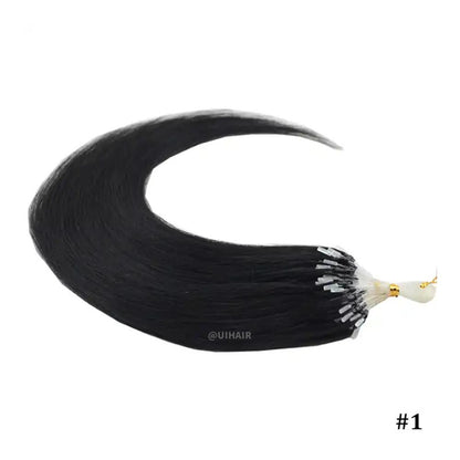 UIHAIR Sleek Raven Black Micro Loop Hair Extensions bundle close-up