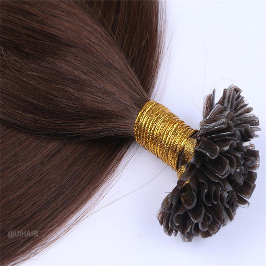 Natural brunette human hair extensions for white women salon look