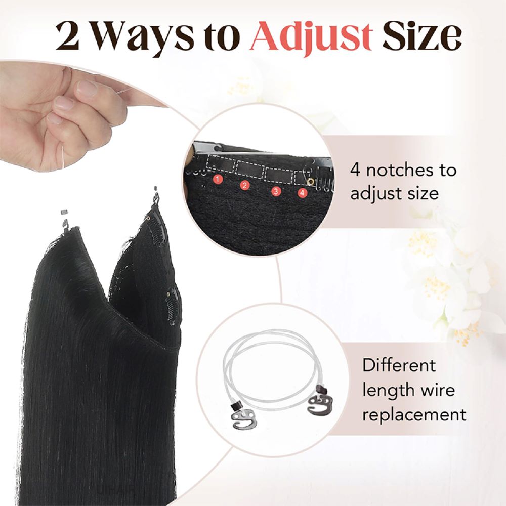  Close-up of 4 secure silicone-lined micro clips on a black halo hair piece for firm anti-slip scalp friendly application.
