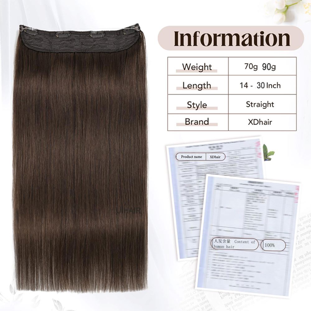Front view of UIHAIR natural brown straight halo hair extension with 70g-90g specifications and 100 percent human hair lab report.