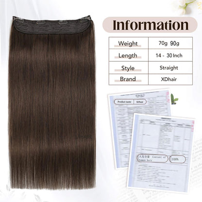 Front view of UIHAIR natural brown straight halo hair extension with 70g-90g specifications and 100 percent human hair lab report.