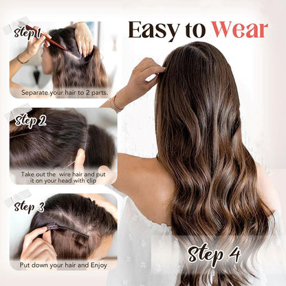 Step by step 4 minute guide showing how to wear invisible clear wire halo hair extensions for instant volume boost.