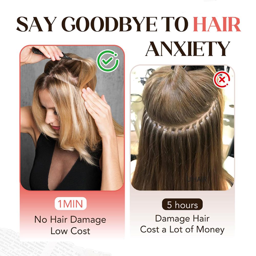 Comparison infographic showing 1 minute no hair damage halo hair extension versus 5 hours damaging bead hair installation.