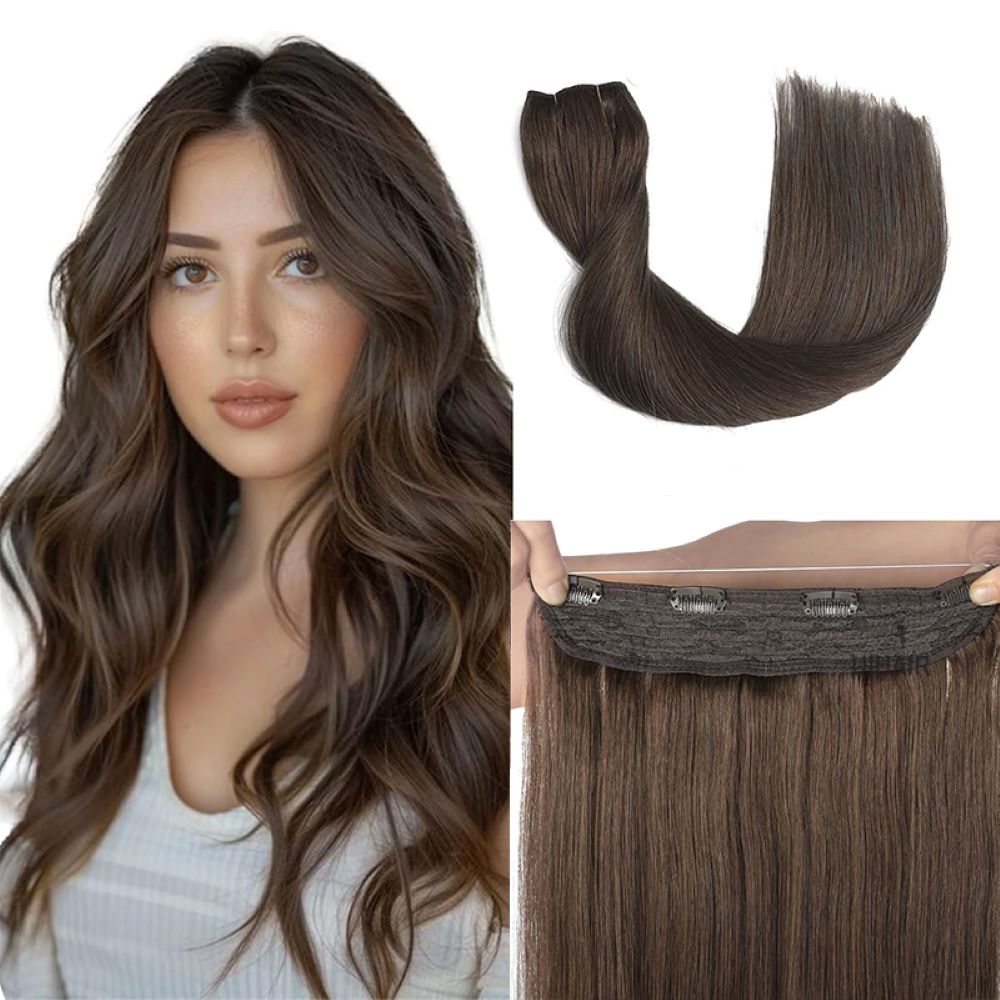 Multi-tonal natural brown halo human hair extension for fine hair showcasing soft curls and invisible wire architecture.