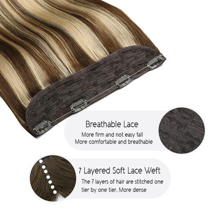 Close up view of UIHAIR multi-tonal highlighted halo hair extension showcasing the breathable lace layer and advanced 7 layered soft lace weft stitching technique.