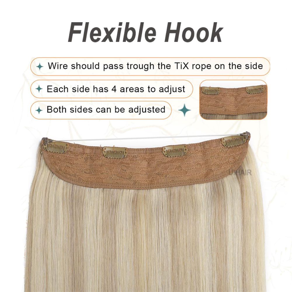 Back look of piano blend highlighted wire extension weft highlighting flexible hook adjusters on both sides with transparent wire passing through loops.