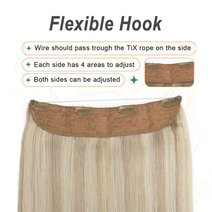 Back look of piano blend highlighted wire extension weft highlighting flexible hook adjusters on both sides with transparent wire passing through loops.