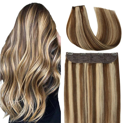 Long wavy multi-tonal balayage blend highlighted hair transformation side by side with high density silky straight mixed color halo extension weft.