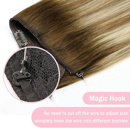 Detailed macro view of UIHAIR rooted ombre halo hair extension lace weft showcasing adjustable silver hooks and sizing notches on a light-colored base.