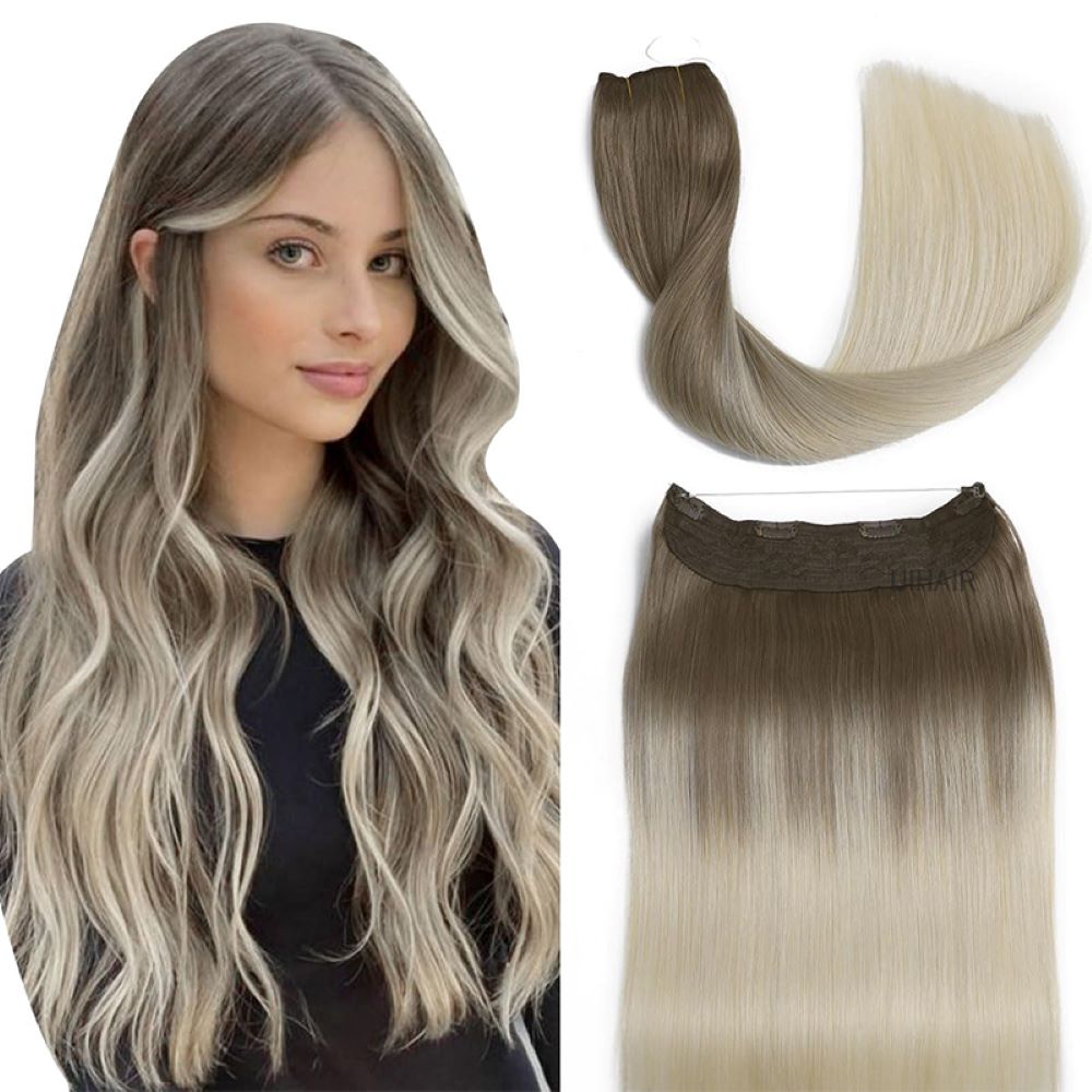 Beautiful female model displaying gorgeous rooted balayage dark root to light blonde gradient transition wire hair extension under daylight.