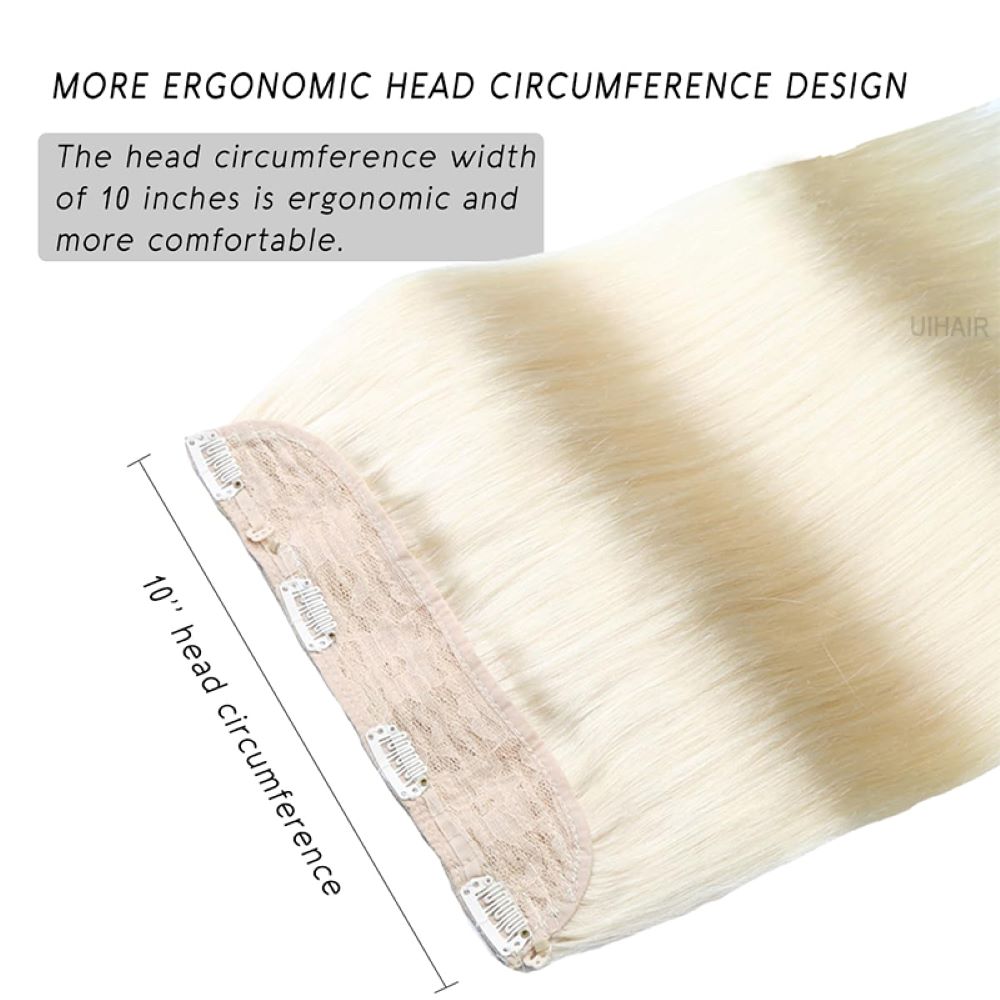 Beautiful Caucasian woman with long flowing dimensional honey blonde hair alongside premium UIHAIR blonde wire extension weft.