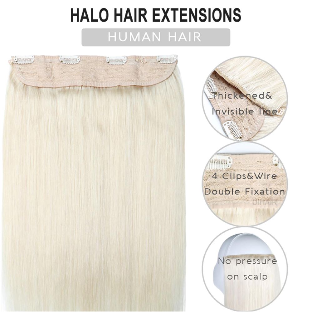 Infographic of blonde wire extensions highlighting thickened invisible line, 4 clips double fixation, and no pressure on scalp.