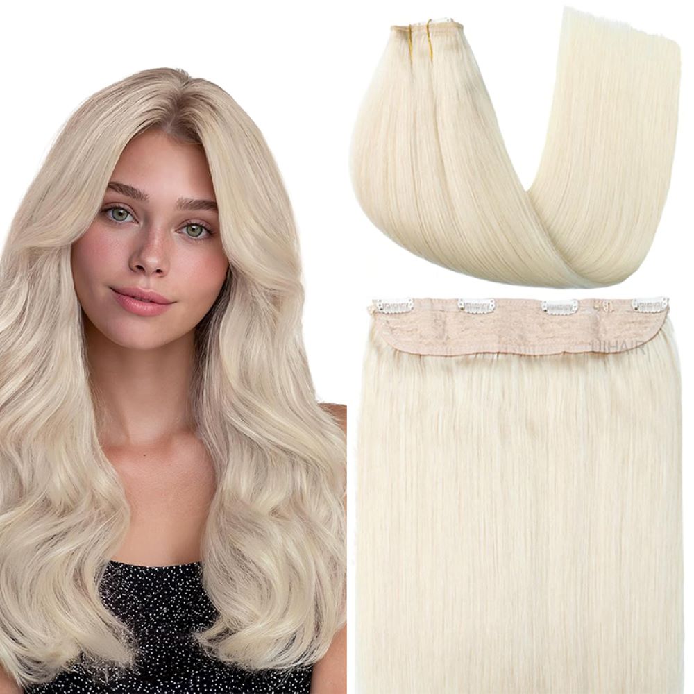 Premium multi-tonal blonde halo human hair extension with seamless invisible wire on a light-colored lace weft.