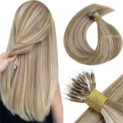 Virgin Human Hair Keratin Nano Ring Tip Hair Extensions Highlight Color