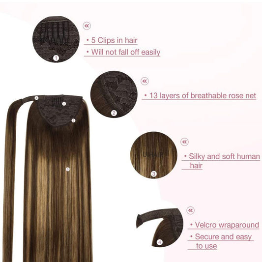 Close up of hands placing a dark root blonde wrap around human hair ponytail extension pocket over a natural hair bun