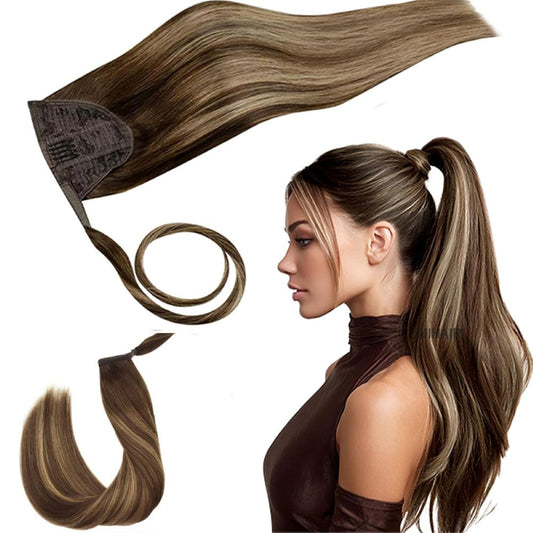 Rear view of a model preparing a neat dark brown hair bun on a mannequin head before applying an ombre extension